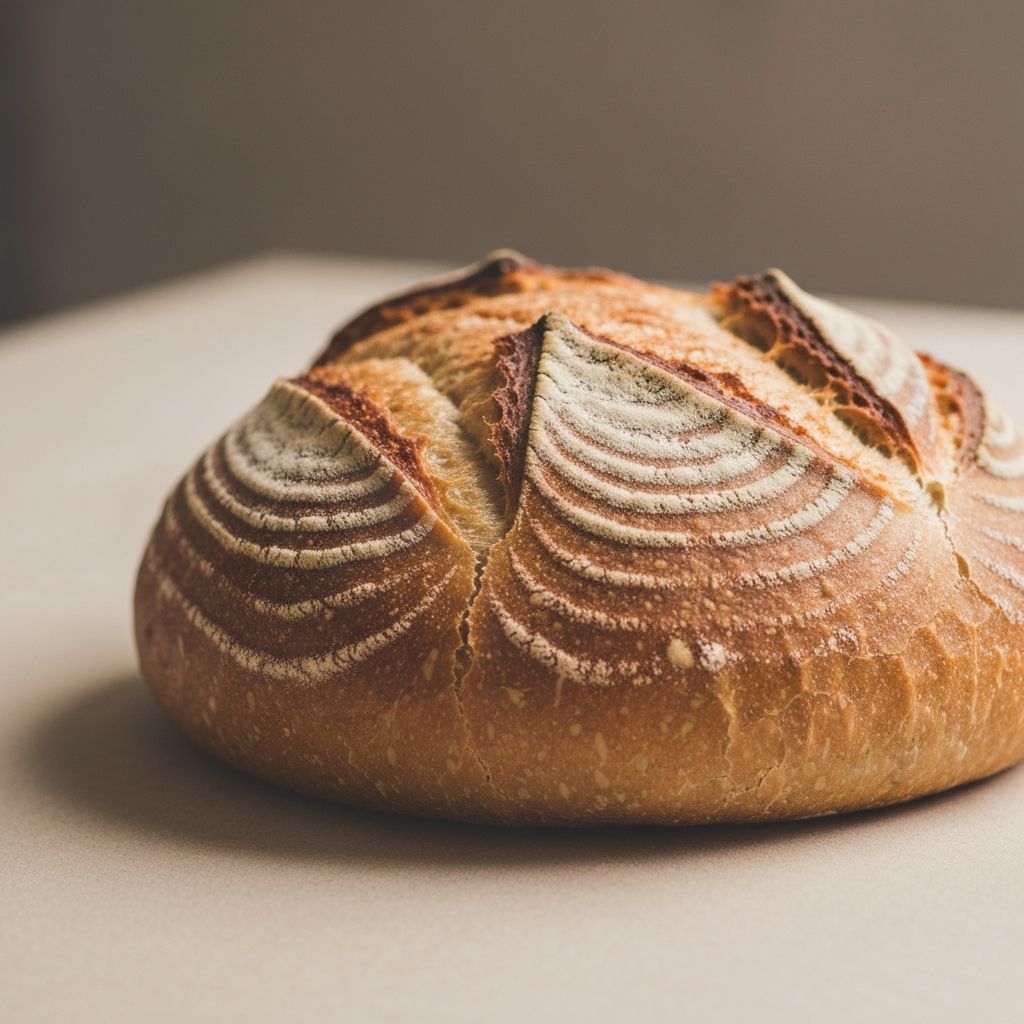 Pão artesanal de fermentação natural sobre mesa rústica